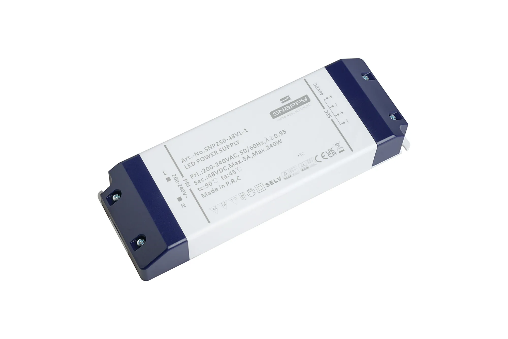 SNP250-48VL-1  SNP, 250W, Constant Voltage Non Dimmable PC LED Driver,48VDC, 10.4A, Pf>0.95, TC:+90°, TA:45°, IP20, Effi>85%, Screw Connection, 5yrs Warranty.